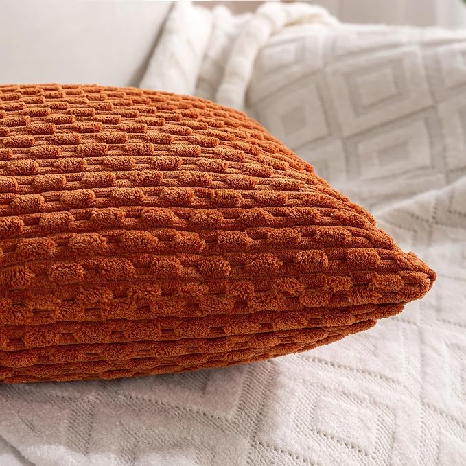 Set of 4 Burnt Orange Decorative Throw Pillow Covers 22x22 Inch Corduroy Pillow Covers for Bed Couch Sofa Living Room Soft Square Cushion Cases