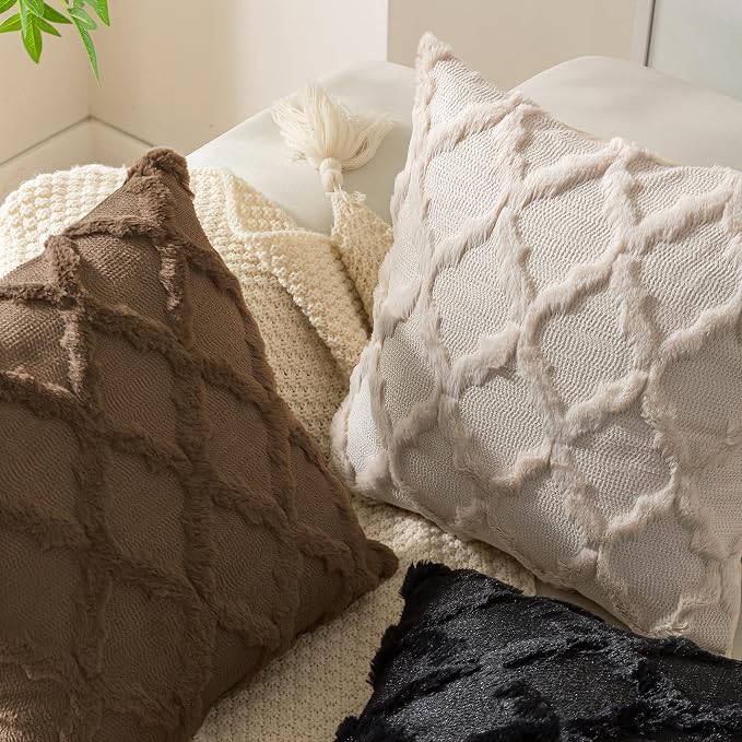 Set of 2 Soft Moroccan Throw Pillow Covers 20x20 Inch Plush Boho Decorative Pillow Cover Accent Cushion Case for Couch Sofa Bed, Deep Brown