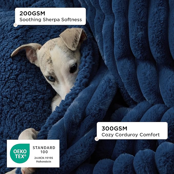 Bedsure ComfyFleece™ Waterproof Dog Blankets for Medium Dogs - Soft Puppy Cat Blanket Corduroy Fleece Washable, Cozy Calming Reversible Furniture Protection for Pet Kitten Doggy,30"x40", Navy Blue