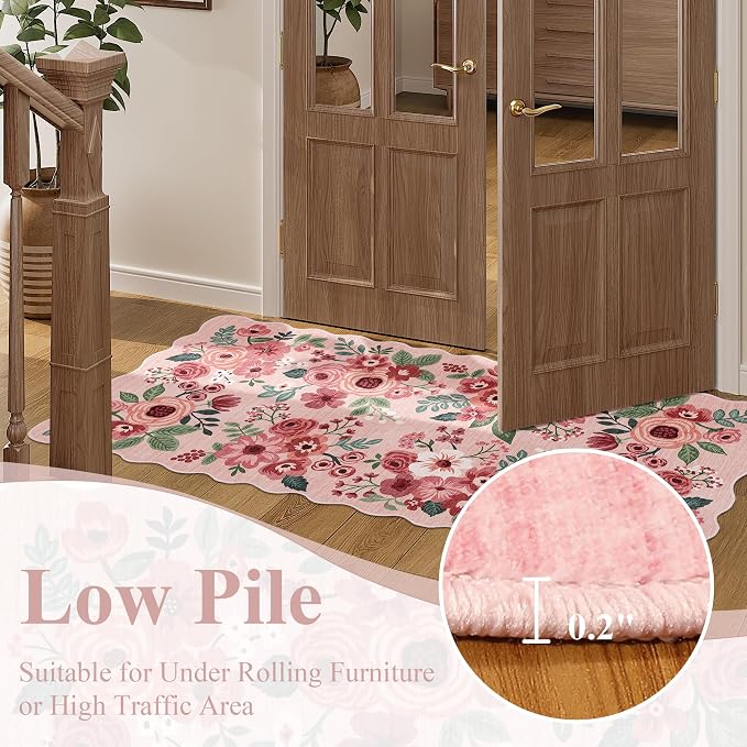 DUKINO 2x8 Washable Runner Rug, Floral Non Slip Kitchen Runner Rug, Pink | Low Pile, Soft Throw Rug Runner for Hallway, Entryway, Bedroom, Bathroom, Pet Friendly, Stain Resistant, Home Decor