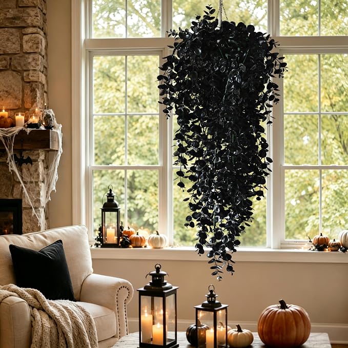 Waipfaru 4Pcs Artificial Hanging Plants, Black Halloween Wall Decor | Fake Plants Eucalyptus Leaves for Outdoors UV Resistant Plants Outdoor Indoor Bedroom Living Room Porch Shelf Decor