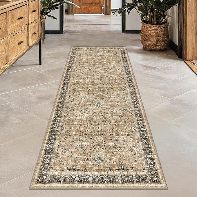 Hazo Haus Soft Taupe 2x7 Runner Rug for Hallway, Natural Runner Rug for Kitchen, Non-Slip Low-Pile Washable Stain Resistant, Vintage Boho Earthy Décor