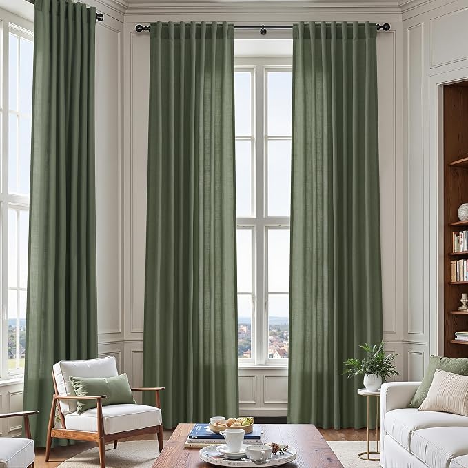 Nanspring Olive Green Light Filtering Curtains Shourt Linen Sheer Drapes - Small Window Bay Windows for Living Room/Kids Room/Kitchen, 40 inch Wide x 54 inch Long, Black, 2 Panels,40x54