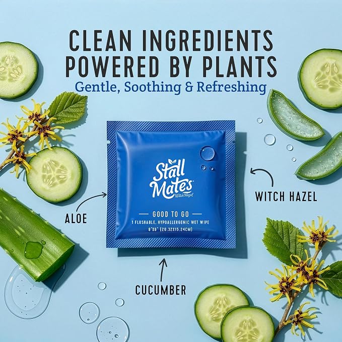 Stall Mates Witch Hazel: Flushable Wipes, Individually Wrapped, Travel Friendly, Soothing, Unscented with Cucumber, Aloe and Chamomile, (90 on-the-go singles) BULK PACK