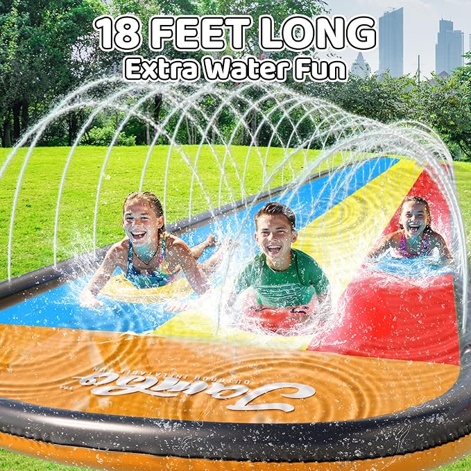 JAMBO 18ft Triple Lane Slip Splash and Slide with 3 Bodyboards with Built in Surround Sprinkler for Backyard Outdoor Water Fun for Kids