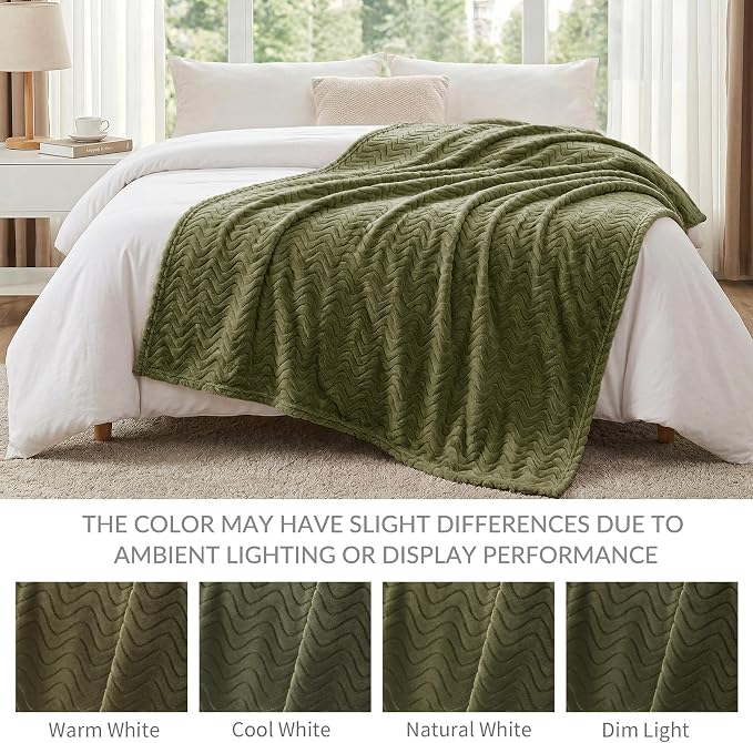Exclusivo Mezcla Soft Fleece Blanket Queen Size for Bed, Sofa, Olive Green | 90"x90" Breathable Lightweight Flannel Blanket for Summer, Plush Cozy Jacquard Wave for Home Decor