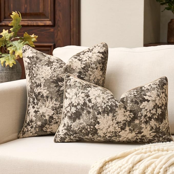 Neutral Floral Pillow Cover 12 x 20 Inches, Vintage Chenille Rectangle Throw Pillow Cover Soft Decorative Farmhouse Accent Couch Pillow Cover for Living Room Bedroom, Grey