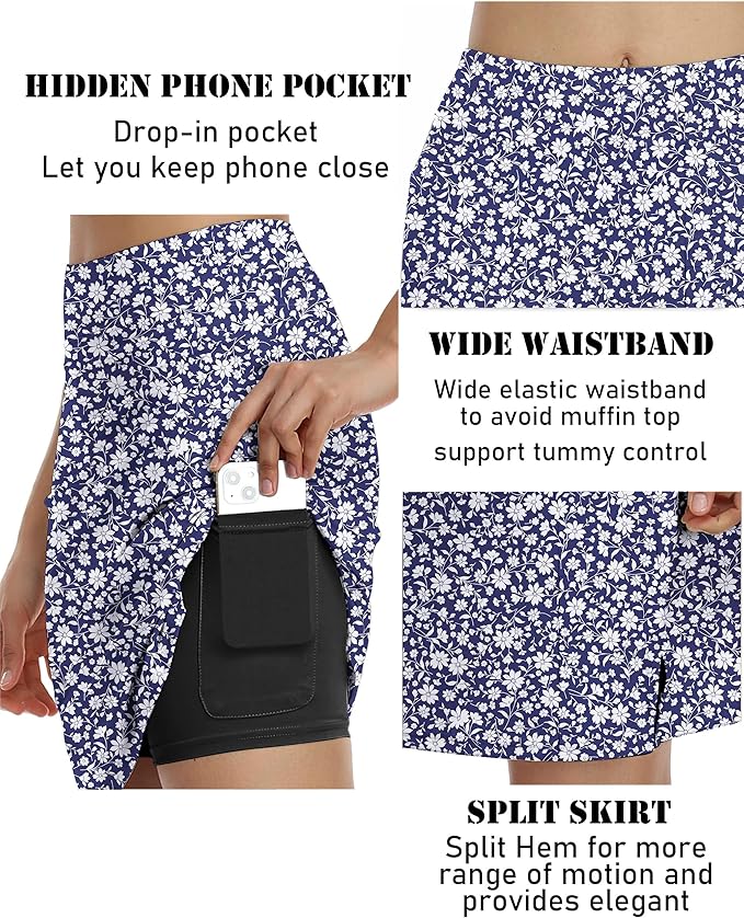 COOrun Women's 20" Knee Length Skirts High Waisted Golf Skorts with Pockets | Soft, Quick Dry, Split Hem, Built-in Shorts, A-line, Modest Skirts, for Golf Athletic Tennis Work Casual