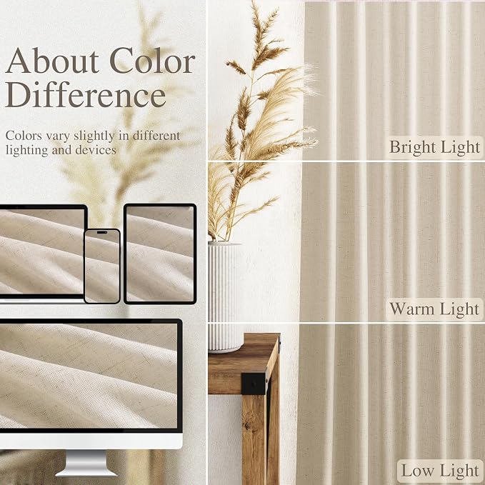 Linen Curtains 108 Inches Long for Living Room Modern Farmhouse Decor Light Filtering Semi Sheer Curtain Back Tab Luxury Neutral Rustic Floor to Ceiling High Window for Bedroom 52x108, 2 Panels