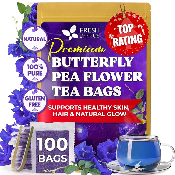 FreshDrinkUS, Premium 100 Blue Butterfly Pea Flowers Tea Bags, 100% Natural and Pure from Butterfly Pea Flowers, Made With Natural Material Tea Bag, No Sugar, No Caffeine, No Gluten, Vegan