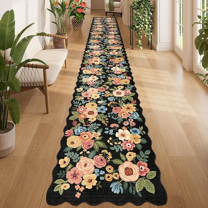 DUKINO 2x8 Washable Runner Rug, Floral Non Slip Kitchen Runner Rug, Black | Low Pile, Soft, Floral Throw Rug Runner for Hallway, Entryway, Bedroom, Bathroom, Pet Friendly, Stain Resistant, Home Decor
