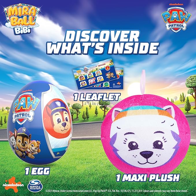 MiraBall Bibi Paw Patrol - Surprise Egg Capsule with Memory Foam Expandable Plush Toy – 3.7" (9.5cm) Soft Collectible with Hidden Surprises – Fun Gift for Kids, Parties, Holidays, Stocking Stuffers