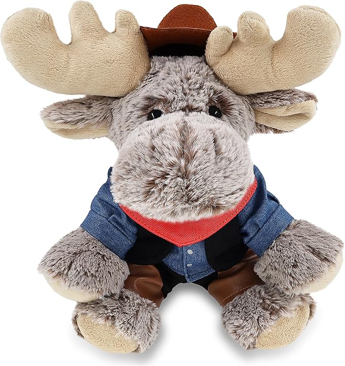DolliBu Floppy Moose Stuffed Animal Cowboy Plush with Name Personalization - Western-Themed Moose Plush with Cute Cowboy Costume Denim Shirt Vest, Bandana, Leather Pants, and Hat - 12 Inches