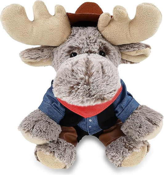 DolliBu Floppy Moose Stuffed Animal Cowboy Plush with Name Personalization - Western-Themed Moose Plush with Cute Cowboy Costume Denim Shirt Vest, Bandana, Leather Pants, and Hat - 12 Inches
