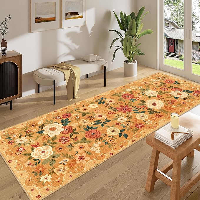 DUKINO 3x8 Kitchen Runner Rug, Washable Rug for Hallway Non Slip, Orange | Soft, Low Pile, Floral Indoor Carpet Runner for Hallway, Entryway, Bedroom, Bathroom, Laundry, Pet Friendly, Home Decor