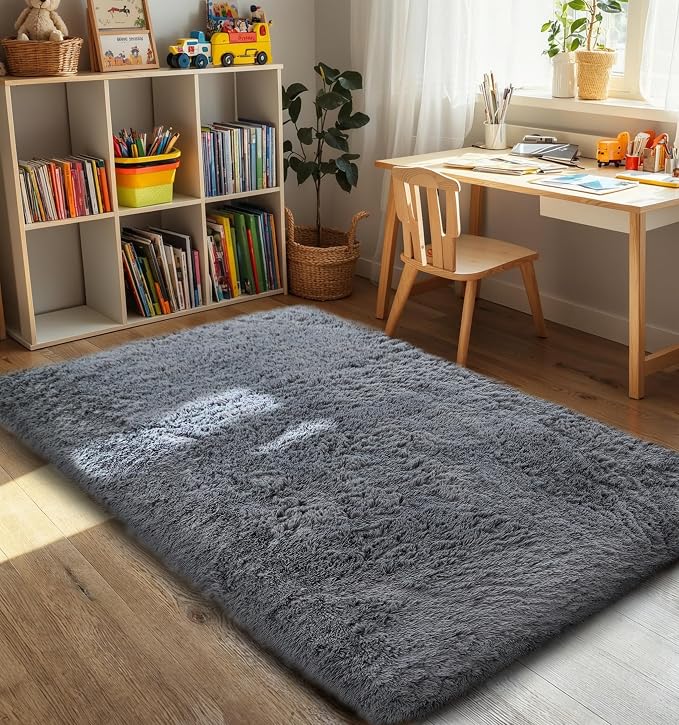 4x6 Thick Grey Fluffy Shag Rug for Bedroom, Plush Washable Carpet | Area Rug for Living Room, Kids Nursery, College Dorm, Non Slip Shaggy Floor Carpet