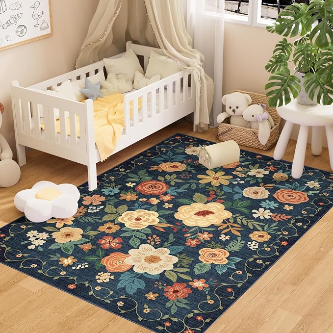 DUKINO 4x6 Area Rug, Floral Washable Office Chair Rug Non Slip, Navy Blue | Low Pile, Stain Resistant, Soft Indoor Rug for Bedroom, Living Room, Dining Room, Kids Room, Pet Friendly, Modern Home Decor