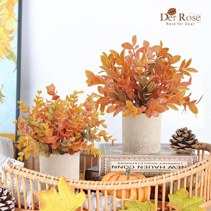 Der Rose 3 Pack Fake Plants Warm Orange Faux Plants for Fall Table Decor | Orange maple-toned eucalyptus, lightweight and compact, maintenance-free, autumn accents for shelf kitchen bedroom entryway