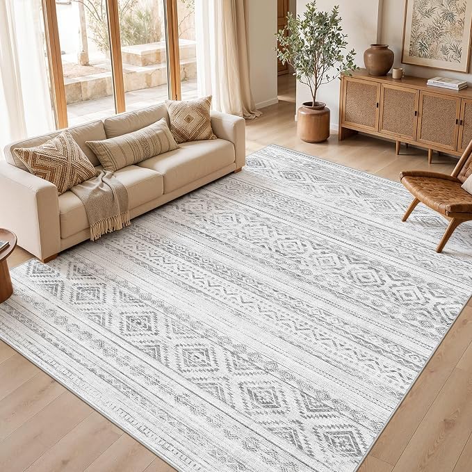 cotiled 7x9 Area Rugs Living Room Rug: Washable Boho Rugs with Non Slip Backing Large Soft Indoor Stain Resistant Carpet for Bedroom Farmhouse Dining Room Lightweight Home Decor Light Grey