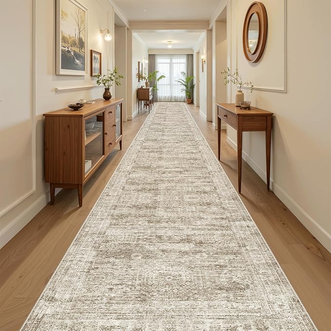 Soalmost Washable 3x18 Hallway Runner Rug Non-Slip Kitchen Entry Rugs Brown | Vintage Extra Long Runners 18ft for Bathroom Entryway, Foldable Low-Pile Wide Floor Carpet for Corridor Living Room Bedroom