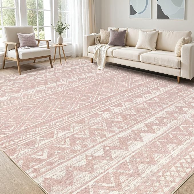cotiled 8x10 Area Rugs Living Room Rug: Washable Boho Rugs with Non Slip Backing Large Soft Indoor Stain Resistant Carpet for Bedroom Farmhouse Dining Room Lightweight Home Decor Lotus Pink