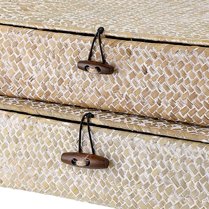 Hipiwe Set of 2 Flat Woven Wicker Basket Bins with Lid Natural Seagrass Box | Decorative Storage Basket Multipurpose Home Organizer Bins Boxes for Shelf Organizer (Whitewash)