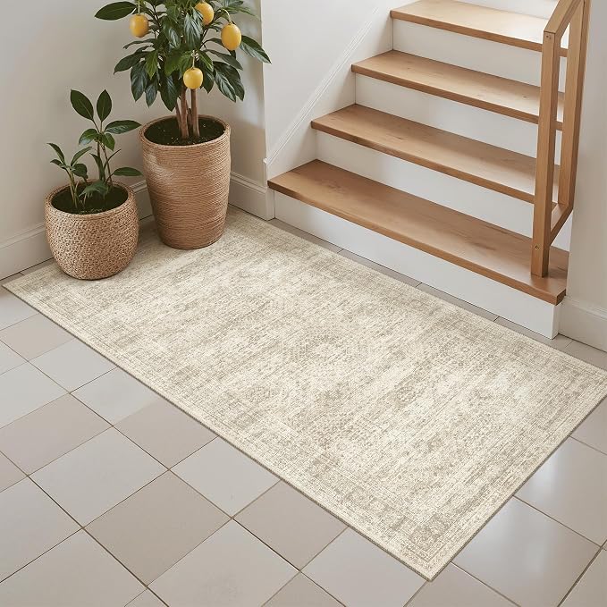 Soalmost 2x4 Washable Rugs for Kitchen, Entryway, Small Area Rug Beige | Non-Slip Vintage Low Pile Throw Door Mat For Bathroom Entry Laundry Powder Room, Stain Resistant Indoor Entrance Floor Carpet