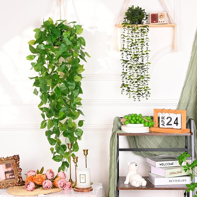 Waipfaru Fake Hanging Plants, 2Pcs Artificial Potted Plant Pothos | Faux Ivy Vines Greenery for Wall Home Bedroom Living Room Aesthetic Kitchen Office Aesthetic Kitchen Indoor Outdoor Decor