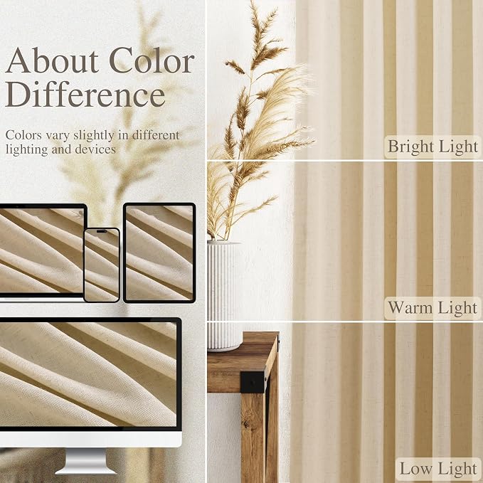 Extra Long Tan Linen Curtains 120 Inches for Living Room Back Tab Neutral Farmhouse Drapes Light Filtering Semi Sheer Curtain 120 inch for Floor to Ceiling Window Patio Sliding Door,2 Panels