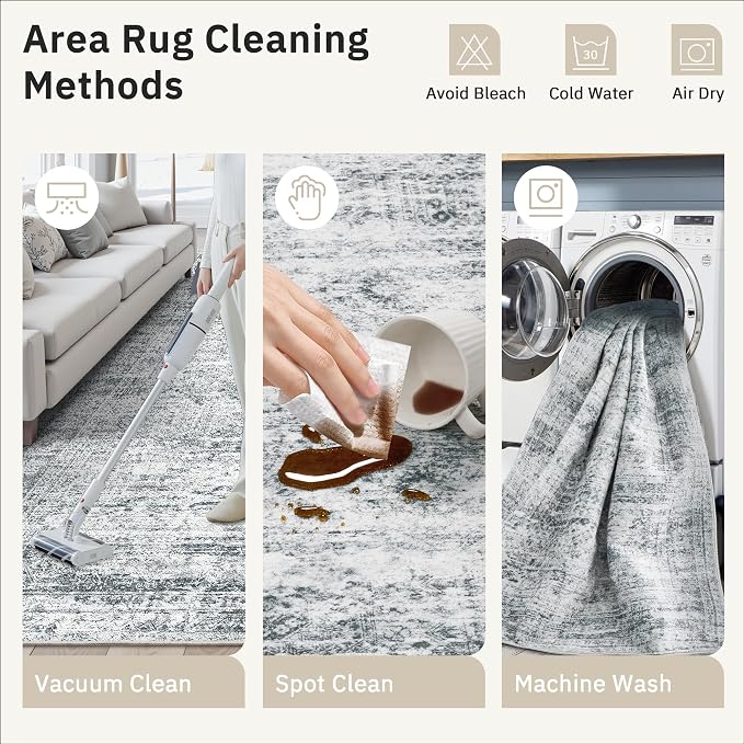 Soalmost 10x14 Area Rugs for Living Room Washable Rug Non-Slip Grey | Large Vintage Stain Resistant Carpet for Dining Bedroom, Low Pile Lightweight Foldable Floor Mat Nursery Home Office Decor