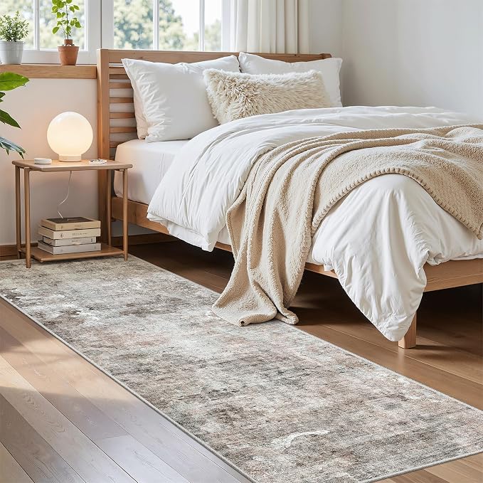 Soalmost Runner Rug 2'6"x8' Kitchen Hallway Runners Abstract Pink/Grey | Washable Non-Slip 2.5x8ft Carpet Entryway Bathroom, Low Pile Vintage Foldable Floor Mat for Corridor Laundry Room Bedroom