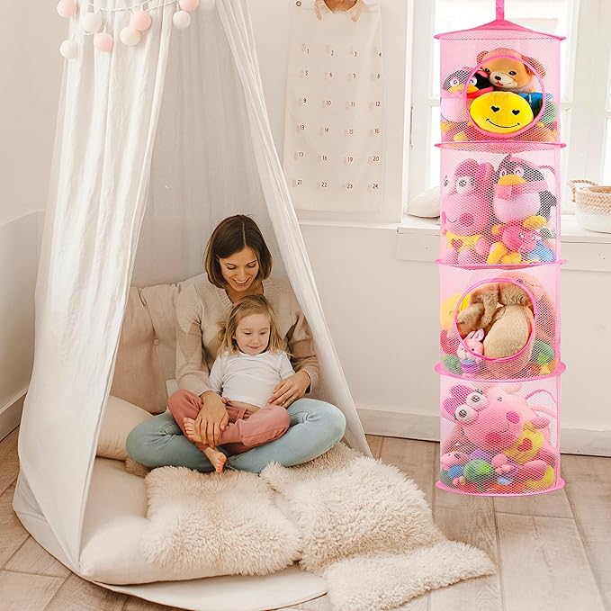coastal rose Hanging Stuffed Animal Storage or Hammock Toy Net Hammock, Foldable Stuffed Animals Net 4 Compartments, Toy Storage Organizer for Plushies Organizer Mesh Kids Girls Room Decor, Pink