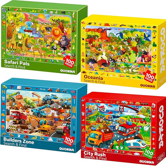 QUOKKA 100 Piece Puzzles for Kids Ages 4-6 – 4xSET Jigsaw Puzzles for Kids Ages 6-8 – Educational Search & Find Game with Animals, Cars for Childrens 5-8 – Toddler Learning Toy Gift for Boys and Girls