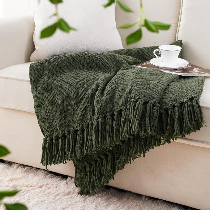 BATTILO HOME Olive Green Chenille Throw Blanket for Bed, 50" x 60" | Knit Throw Blanket, Super Soft Warm Home Decor Throw Blanket with Tassels for Couch,Sofa and Living Room