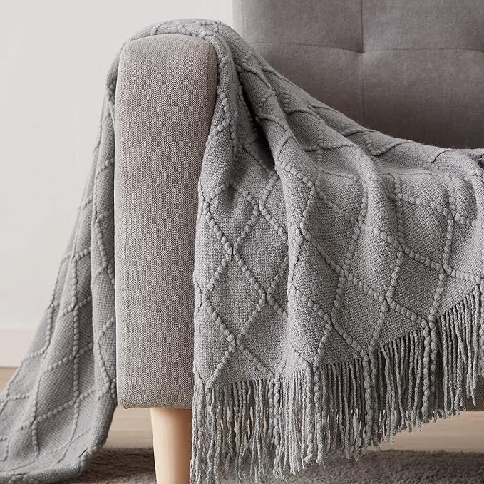 BOURINA Light Grey Throw Blanket 50x60 Inch Knitted Soft Throw Sofa Blanket | Knitted Throw Blanket 50x60 Inches, Soft Lightweight Boho Weave Throw Decorative Couch Blanket for Living Room Bedroom Chair
