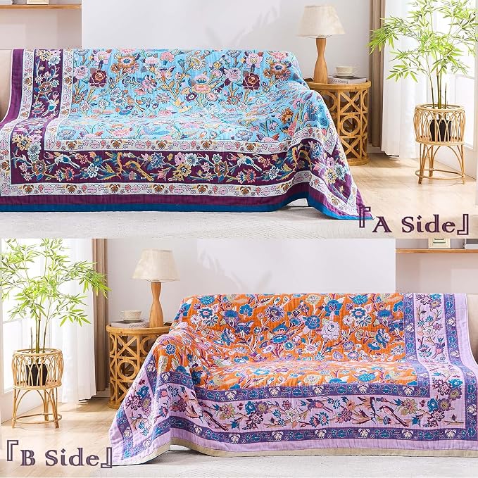 XIBLC Fall Blanket for Bed, 100% Cotton Soft Rustic Boho Throw Blanket Quilt, 80"x90" Farmhouse Decor Bed Flower Blankets, Light Weight Reversible Bohemian Throw Quilt