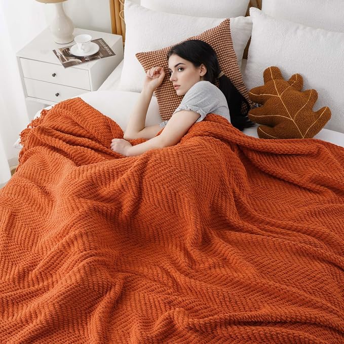 BATTILO HOME Burnt Orange Throw Blanket for Couch, 60"x80" | Knit Fall Decor Blanket Versatile for Chair, Decorative Halloween Throw Blanket with Tassels for Bed