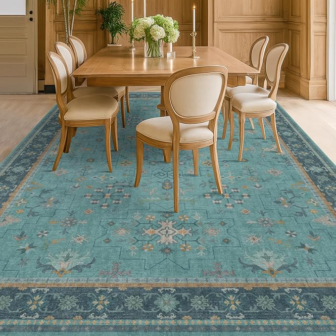 Large Boho 8x12 Teal Green Washable Living Room Rug - Vibrant Turquoise Rug for Bedroom Under Bed, Dining Room Under Table, Geometric Floral Low Pile & Soft Stain Resistant Carpet