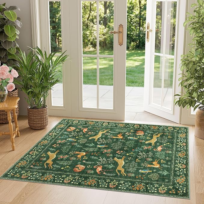 DUKINO 3x4 Rug, Washable Animal Area Rug for Entryway Non Slip, Green | Soft, Low Pile, Stain Resistant Indoor Carpet Runner for Entryway, Kitchen, Bedroom, Bathroom, Pet Friendly, Home Decor