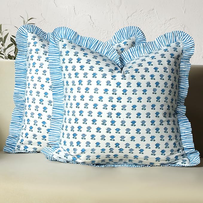 CPC Arctic Blue Hand Block Print 100% Cotton Ruffle Throw Pillow Cover 18x18 inch with Hidden Zipper Decorative for Couch, Bed, Sofa, Farmhouse, Cottagecore Decor Gift Christmas Fall Thanksgiving
