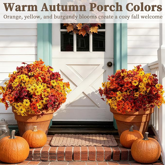 ColoPlay 18 PCS Artificial Mums for Outdoors Faux Mums of Eucalyptus Leaves | Artificial Mums for Outdoors/Indoors Faux Mums, Fall Flowers for Decoration Planters Boxwood Garden Porch Window Home