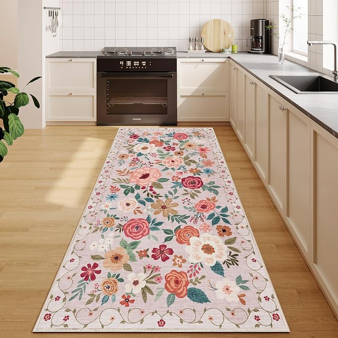 DUKINO 3x8 Kitchen Runner Rug, Washable Rug for Hallway Non Slip, Beige | Soft, Low Pile, Floral Indoor Carpet Runner for Hallway, Entryway, Bedroom, Bathroom, Laundry, Pet Friendly, Home Decor