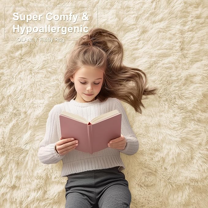 OLANLY 2x3 Machine Washable Small Bedside Rug, Soft Fluffy Shaggy Entryway Throw Rugs for Bedroom, Living Room, Indoor Floor Carpet for Kids Girls and Boys, Nursery Rooms, Home Decor Aesthetic, Cream