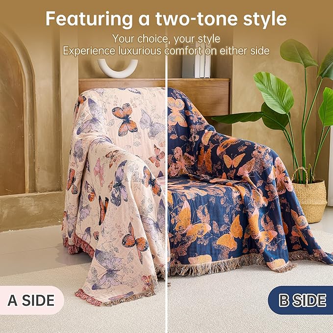 VANJOROY Boho Throw Blanket, 100% Organic Cotton Breathable Ultra Soft 60" x 80" Bed Quilt Throw - All Season Floral Rustic Farmhouse Decor Luxury Reversible Blanket for Sofa Couch Chair and Gift