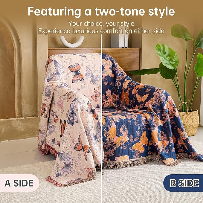 VANJOROY Boho Throw Blanket, 100% Organic Cotton Breathable Ultra Soft 50" x 60" Bed Quilt Throw - All Season Floral Rustic Farmhouse Decor Luxury Reversible Blanket for Sofa Couch Chair and Gift