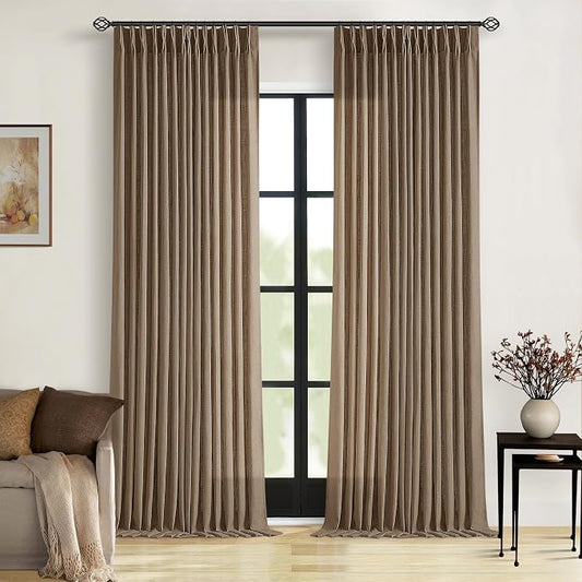 86 Inch Linen Curtains 2 Panels Set Pinch Pleated for Living Room Bedroom Memory Training Shaped Semi Sheer Dutch Cocoa Pinch Pleat Drapes Hooks Rings Light Filtering Window Curtain Drapes