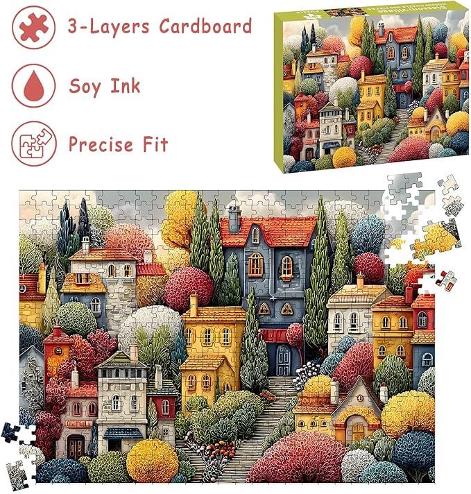 Puzzles for Adults 500 Pieces, Colorful Town Jigsaw Puzzles - Blossom Village, Impossible Colorful Town Puzzles for Seniors Family, 20.47x14.96 inches, 1:1 Poster, Letter on The Back