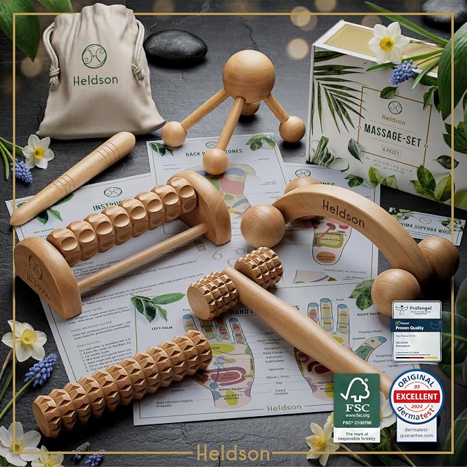 HELDSON® Wooden Therapy Massage Tools [6 Pieces] - Wood Rollers for Body Sculpting - Lymphatic Drainage Massager - Cellulite Tool - Maderoterapia Kit - Back Rolling Stick - Wellness Gifts Women, Men