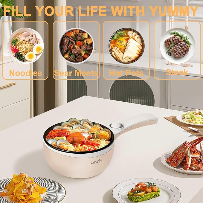 Dezin Electric Pot, 1.5L Non-Stick Portable Hot Pot Electric Upgraded, 700W | Dual Power, Electric Pot for Cooking Steak, Egg, Oatmeal, Mini Ramen Cooker for Dorm, Travel, Camping, RV, Office, Beige Pan