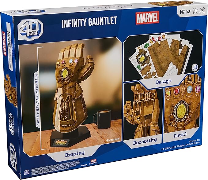 4D Build, Marvel Infinity Gauntlet 3D Puzzle Model Kit with Stand 142 Pcs | Thanos Desk Decor | Building Toys | 3D Puzzles for Adults & Teens 12+